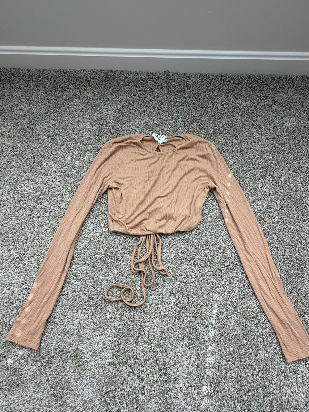 Women's Long-Sleeve Shirred Tie Crop Top - Tan